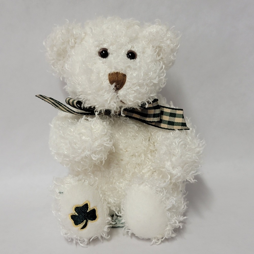 Russ Berrie Shannon White Curly Teddy Bear Shamrock Bow Plush St Patricks